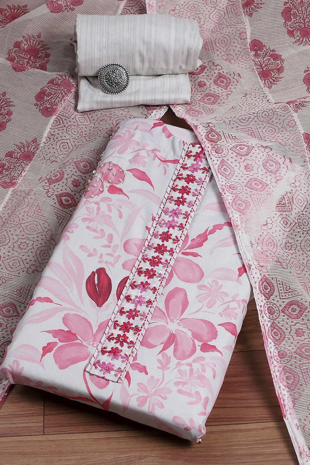 Pink and White Cotton Printed Unstitched Suit Set image number 0