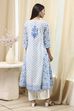 Off-White and Blue Cotton Floral Kalidar Suit Set image number 4
