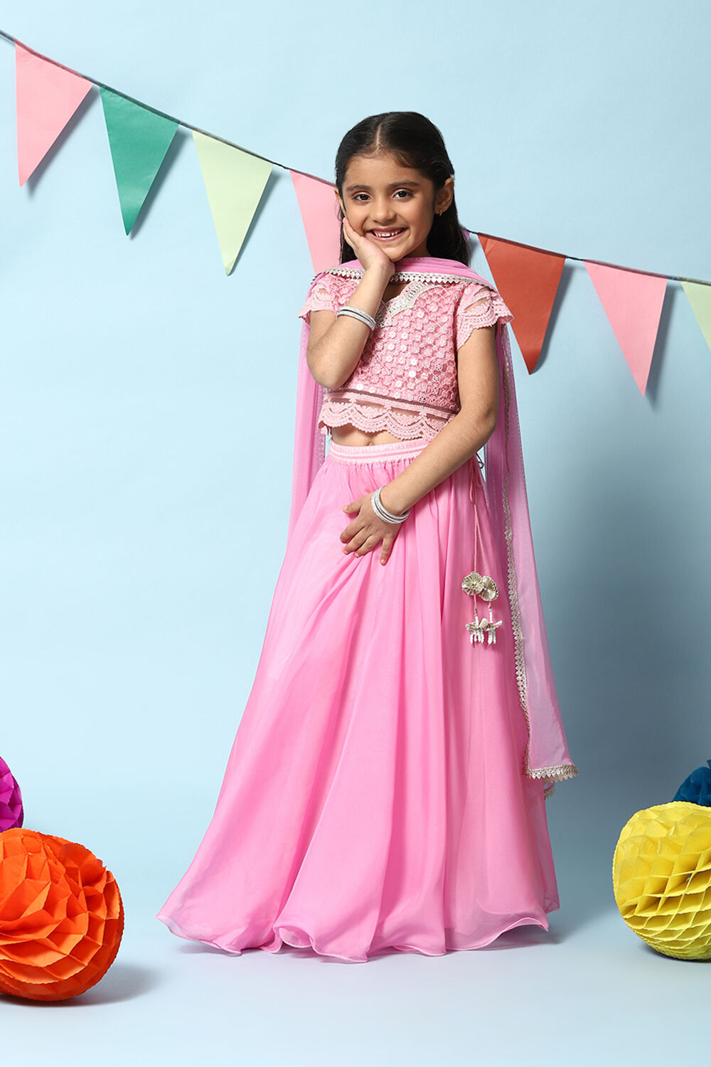 Bubble gum Pink Nylon Short Top Lehenga Set image number 5