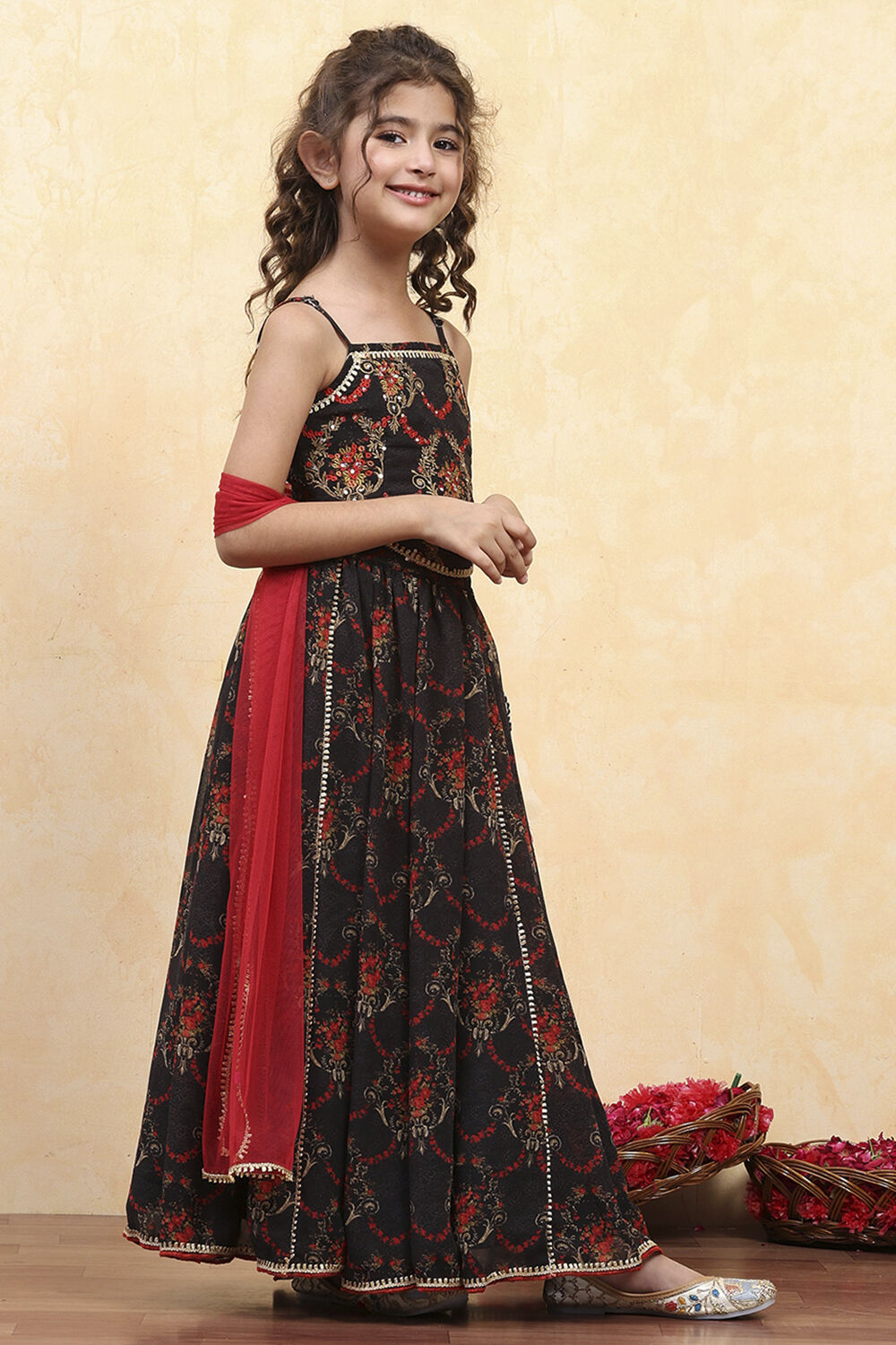 Black Polyester Printed Kalidar Lehenga Set image number 5