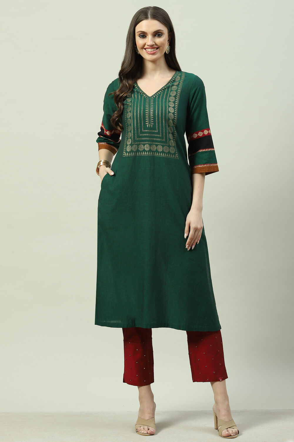 Green Cotton A-Line Printed Kurta image number 0