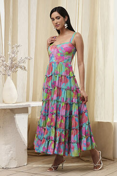 Turquoise Cotton Floral Printed Tiered Dress image number 3