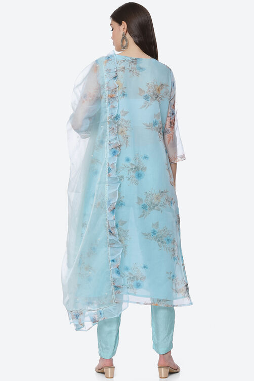 Blue Organza Unstitched Suit Set image number 4