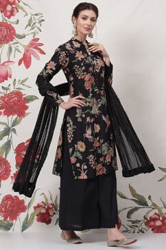 Rohit Bal Black Silk & Cotton Straight Kurta Suit Set image number 6
