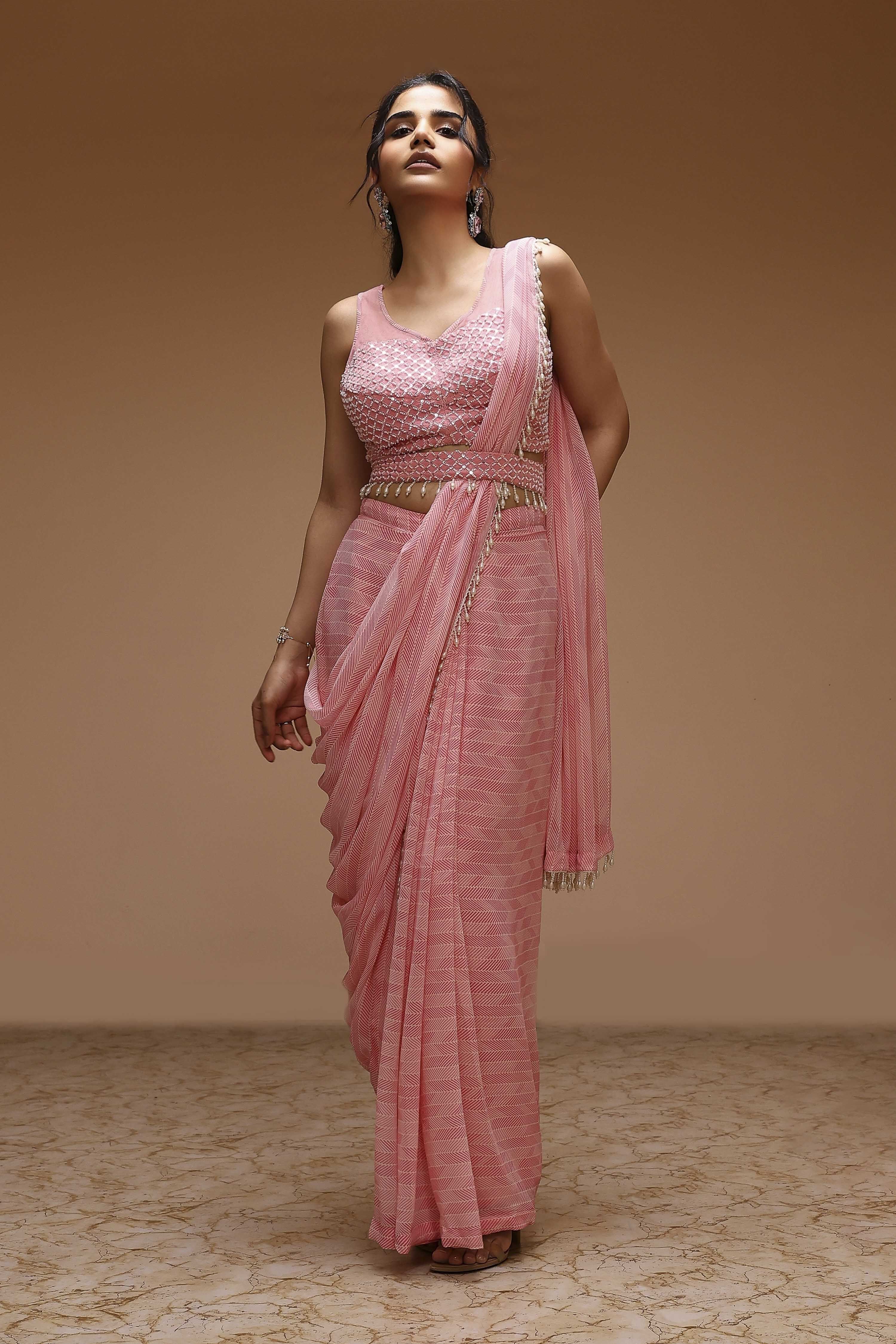 Pink Georgette Digital Printed Pre-Draped Saree image number 5