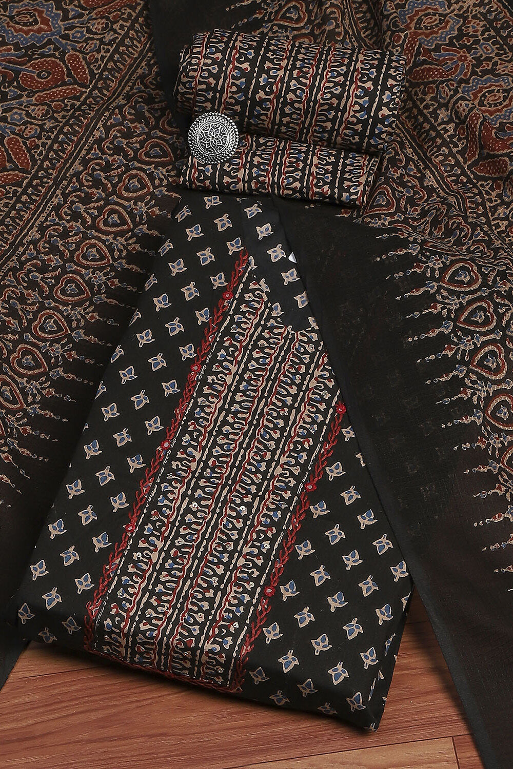 Blue Cotton Floral Printed Unstitched Suit Set image number 0