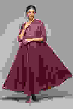 Wine Cotton Flared Printed Dress image number 0