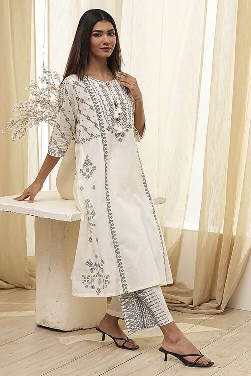 Off-White Pure Cotton Printed A-line Kurta Set image number 0