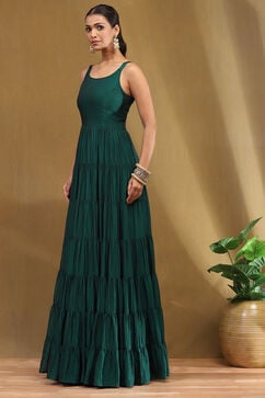 Emerald Green Silk Festive Tiered Anarkali Dress image number 3