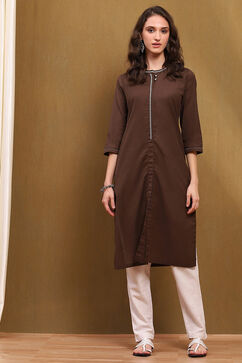 Brown Cotton Blend Solid Regular Fit Straight Kurta image number 5
