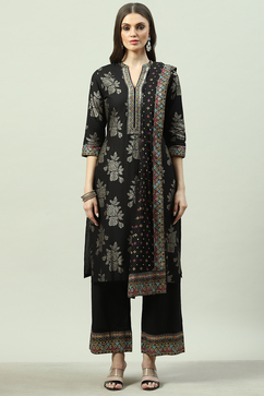 Black Cotton Straight Kurta Palazzo Suit Set image number 8
