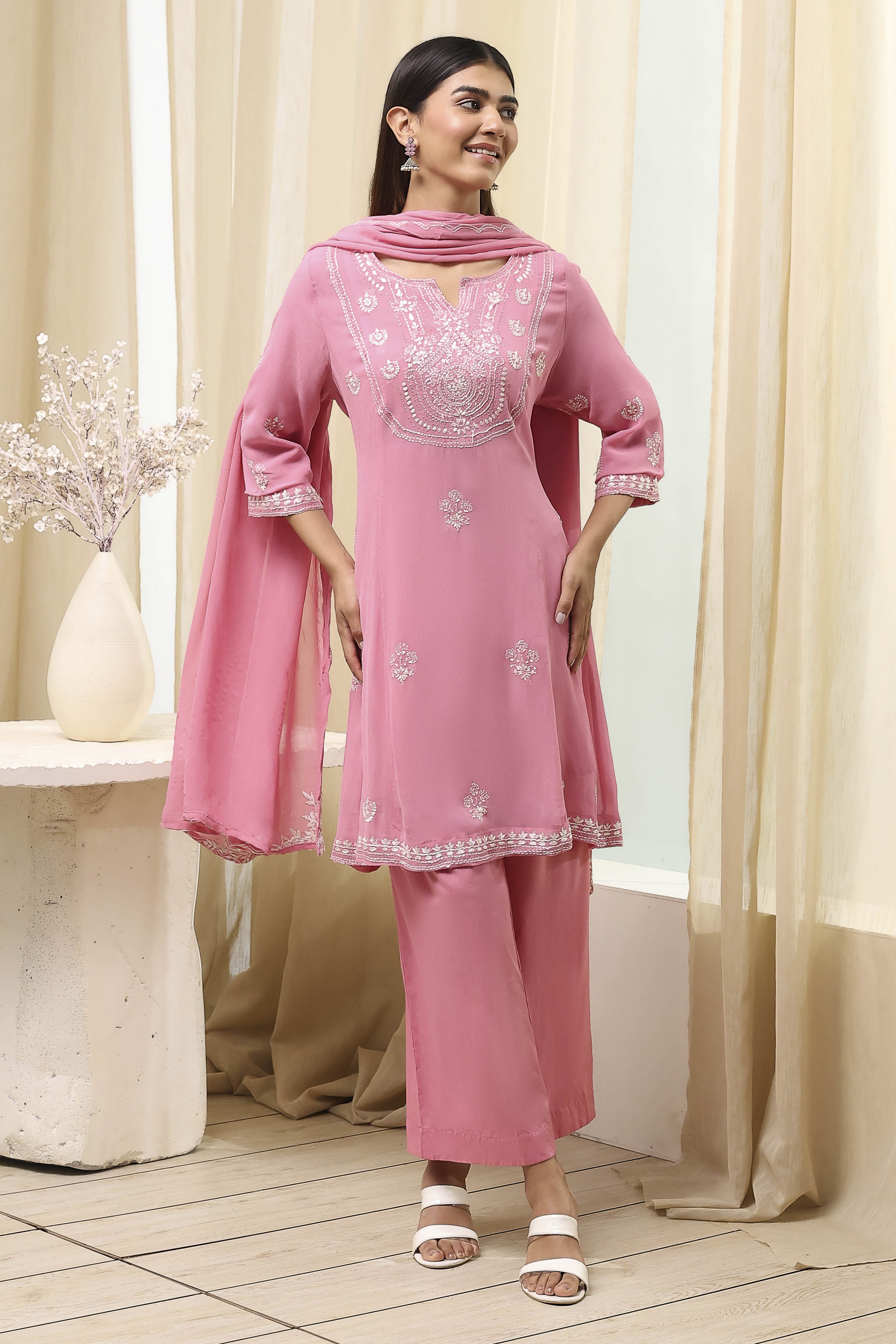 Pink Embroidered Kalidar Suit Set image number 6