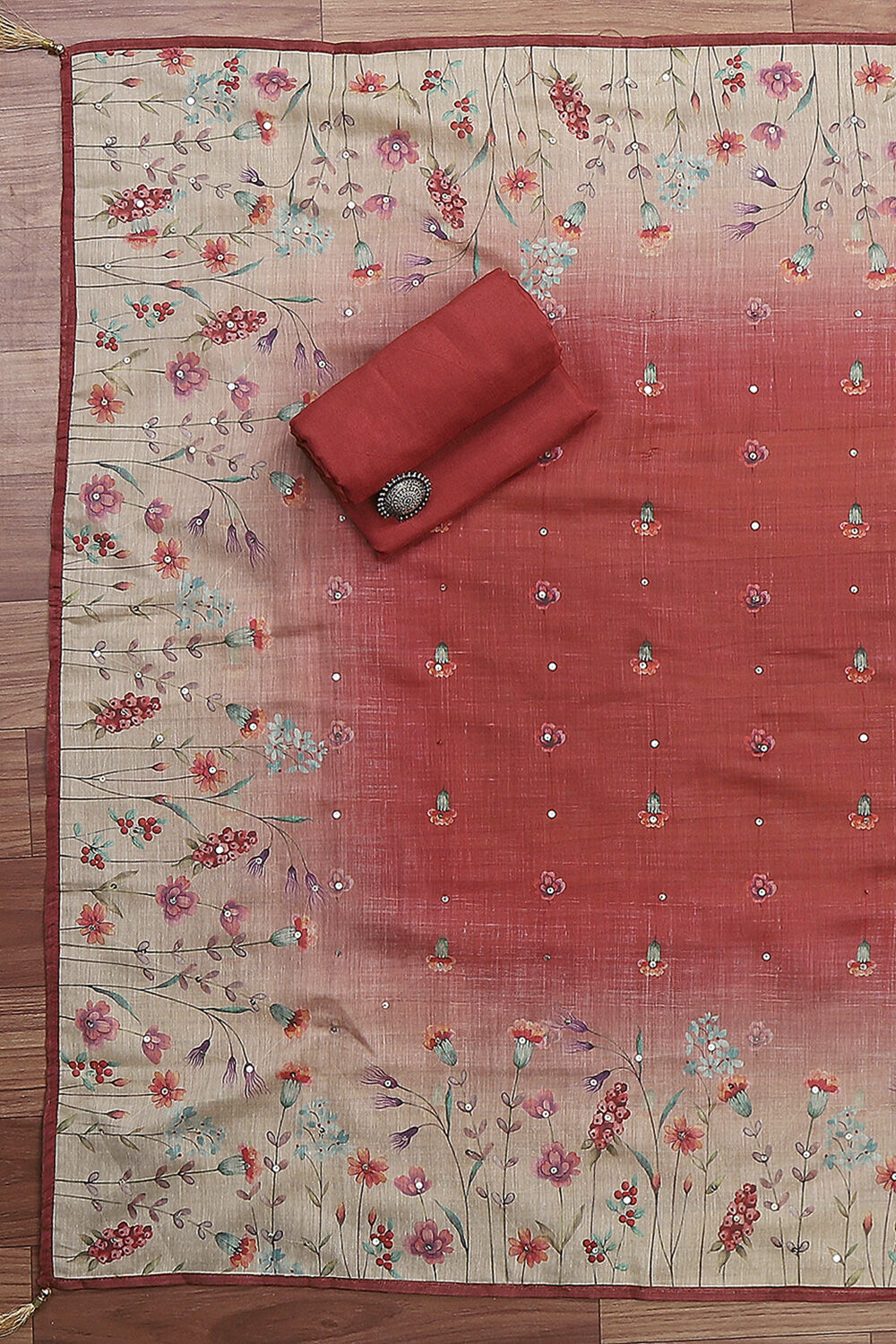 Red Chanderi Hand Embroidered Unstitched Suit Set image number 3