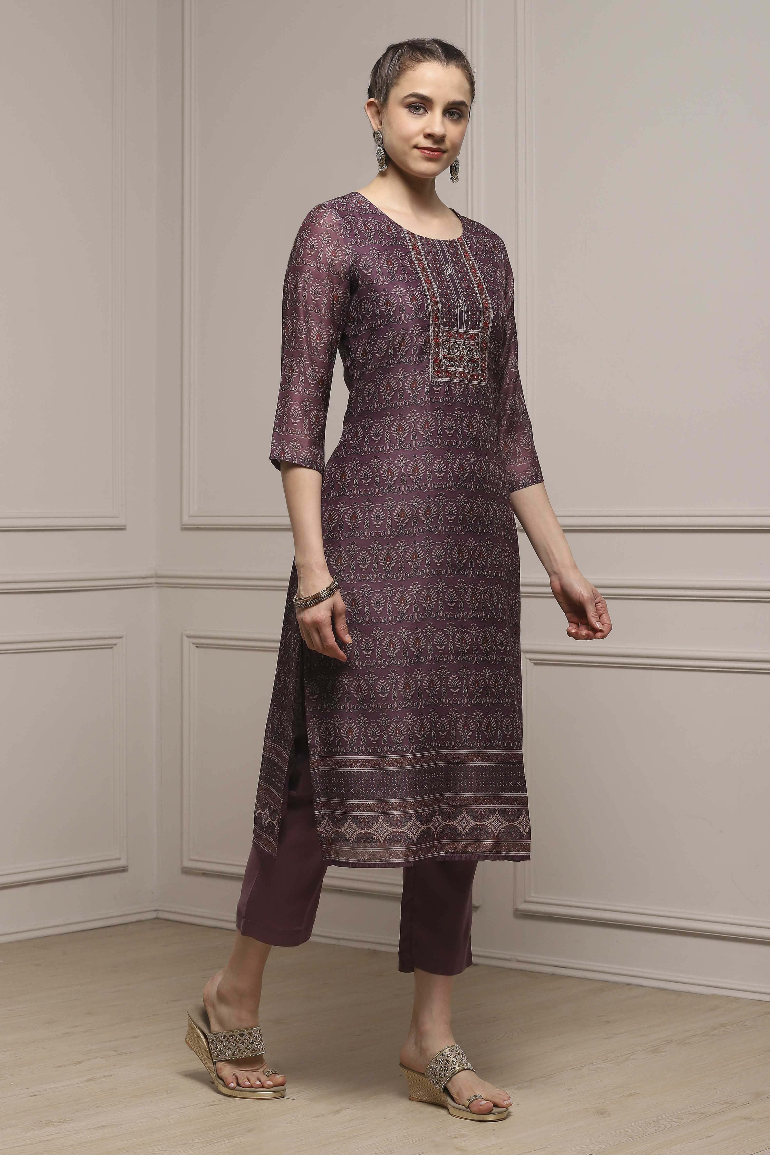 Purple Chanderi Blend Printed Embroidered Unstitched Suit Set image number 6