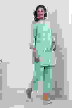 Turquoise Cotton Kalidar Kurta Pants Set image number 5