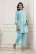 Turquoise Cotton Kalidar Kurta Pants Set image number 5