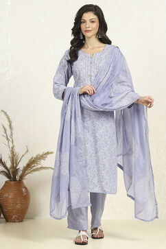 Blue Cotton Unstitched Suit Set image number 1