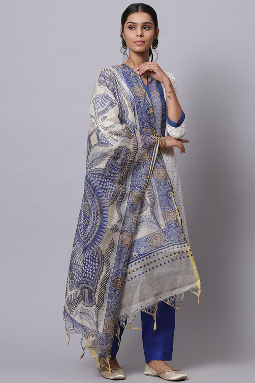 Blue Cotton Unstitched Dress Material Suit Set image number 4