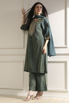 Green Viscose Rayon Straight Solid Suit Set image number 0