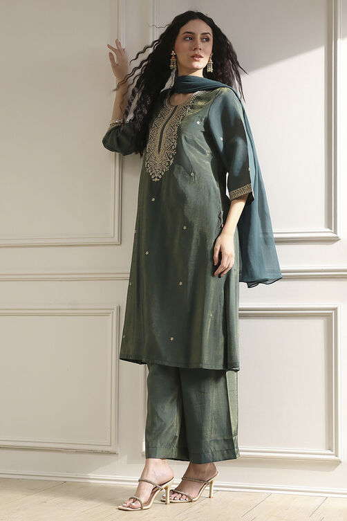 Green Viscose Rayon Straight Solid Suit Set image number 0