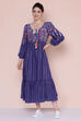 Blue Cotton Flared Fusion Wear Dress image number 4