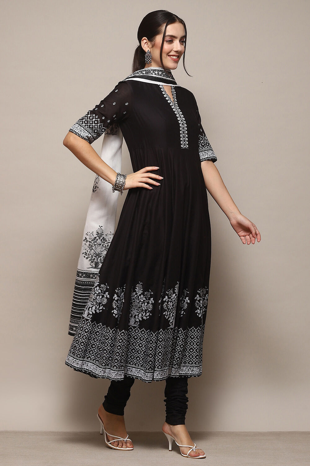 Black Cotton Anarkali Printed Kurta Churidar Suit Set image number 6