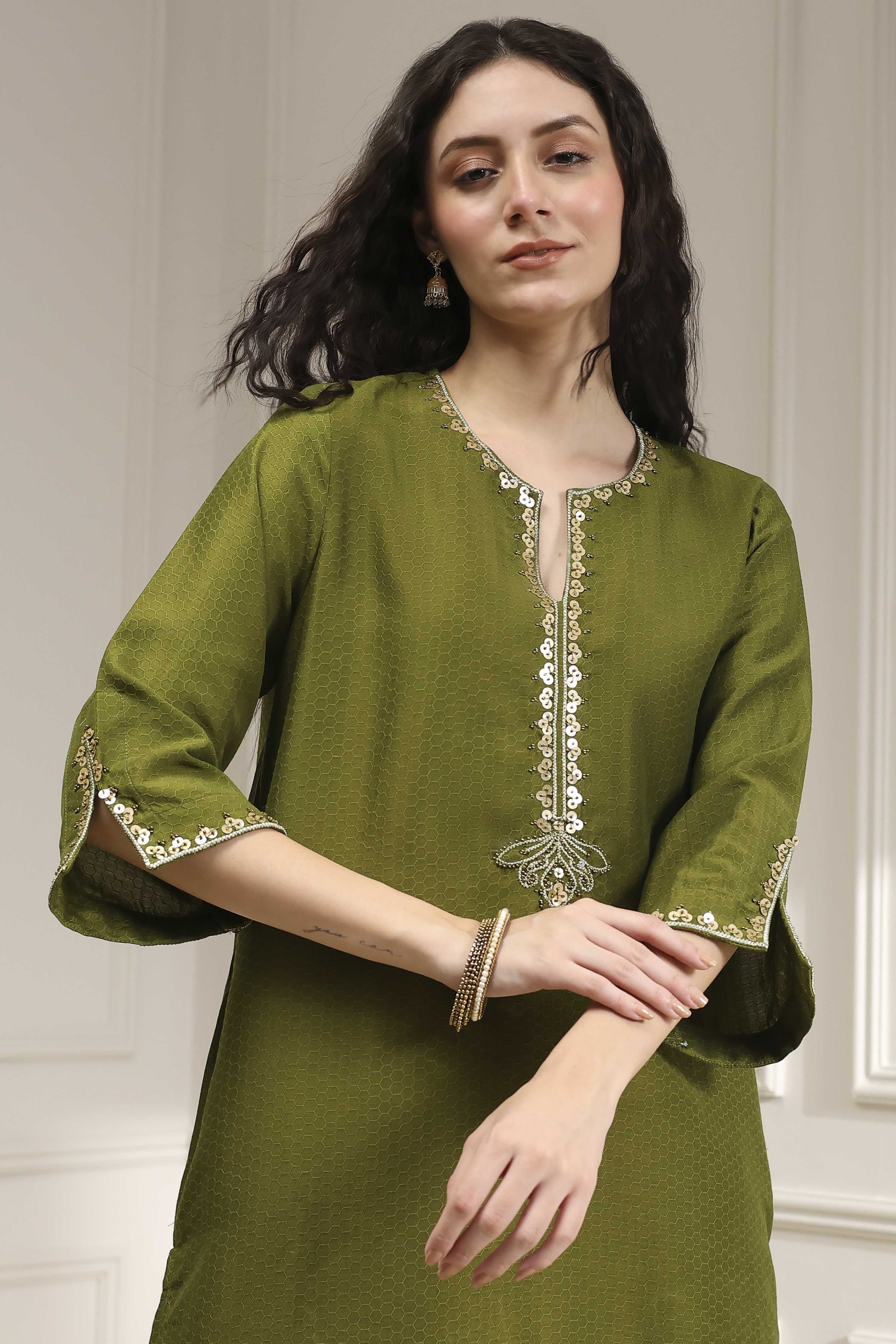 Olive Green Dyed Straight Kurta Set image number 1