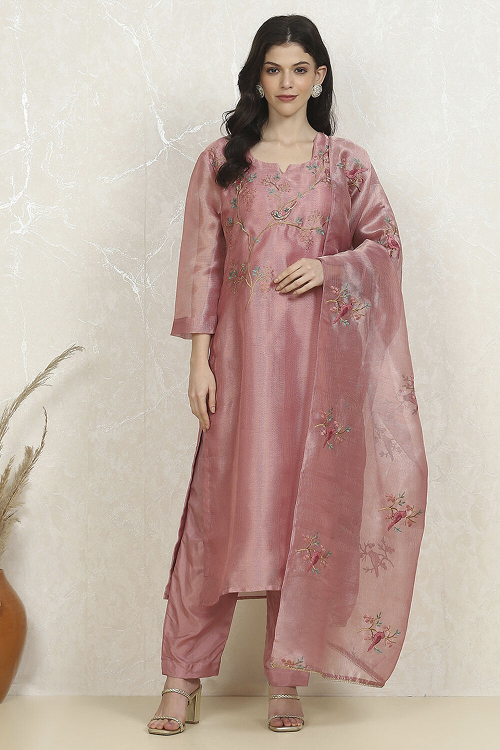 Pink Tissue Machine Embroidered Unstitched Suit Set image number 7