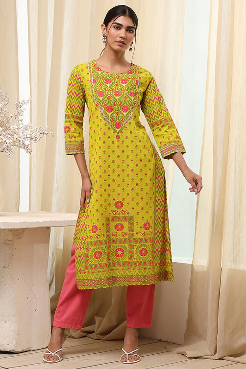Green Cotton Printed Straight Kurta image number 5