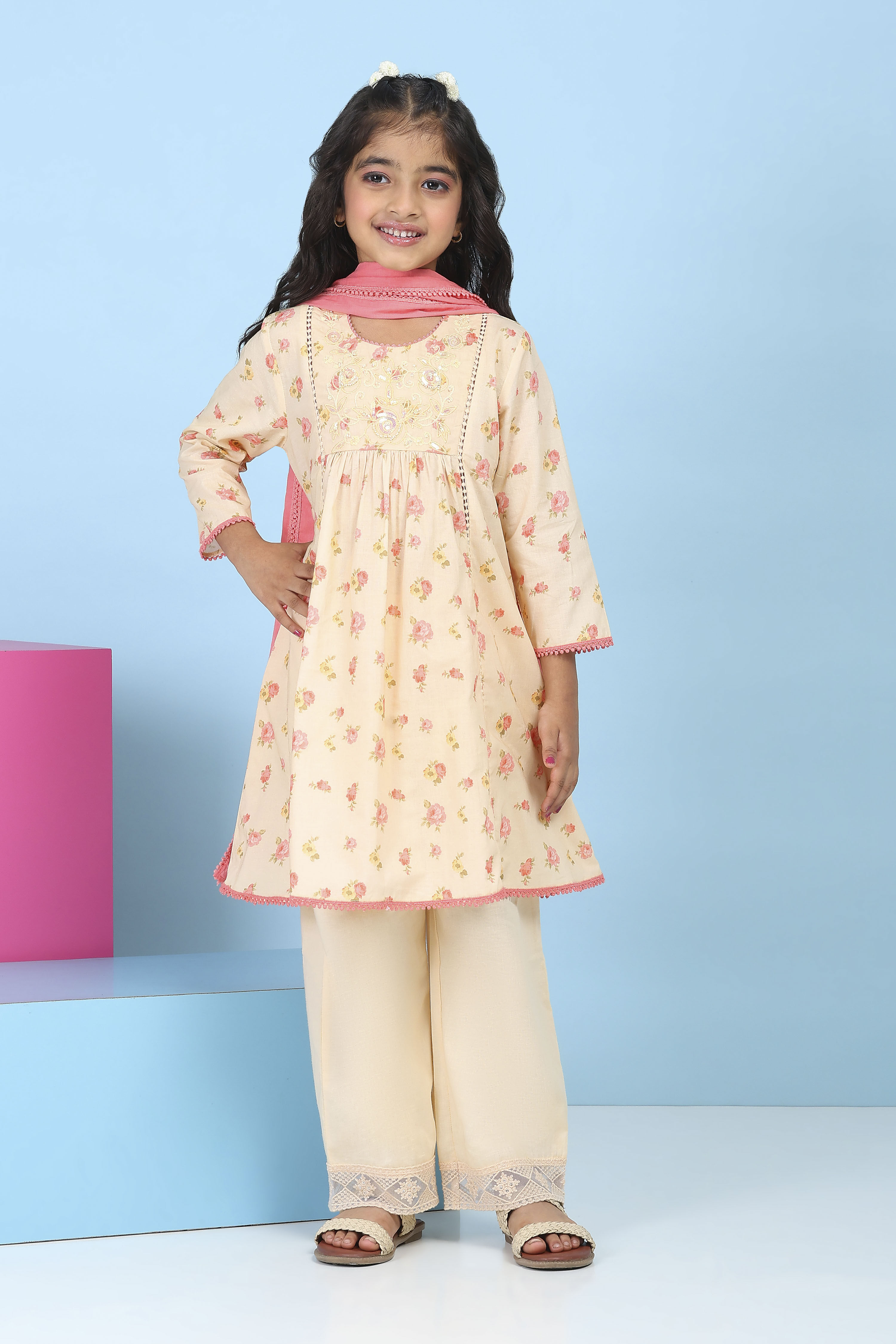Peach Cotton Printed A-Line Suit Set image number 6