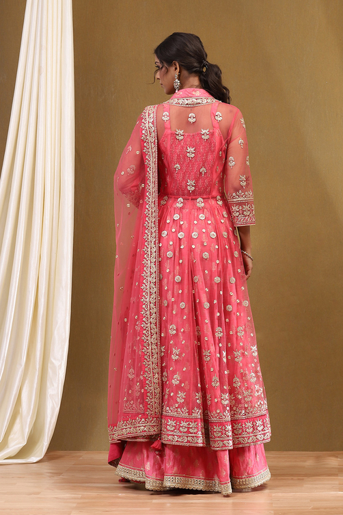 Coral-Pink Polyester Blend Anarkali Lehenga Set image number 7