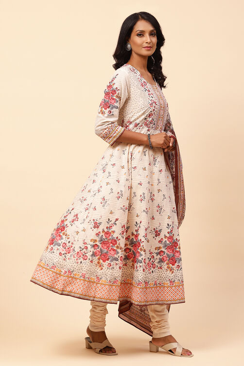 Ecru Cotton Anarkali Kurta Churidar Suit Set image number 5
