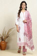 White and Pink Cotton Floral Hand Block Unstitched Suit Set image number 7