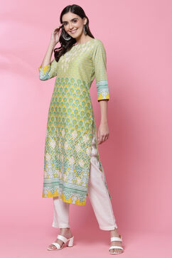 Lime Yellow Cotton Straight Kurta image number 2