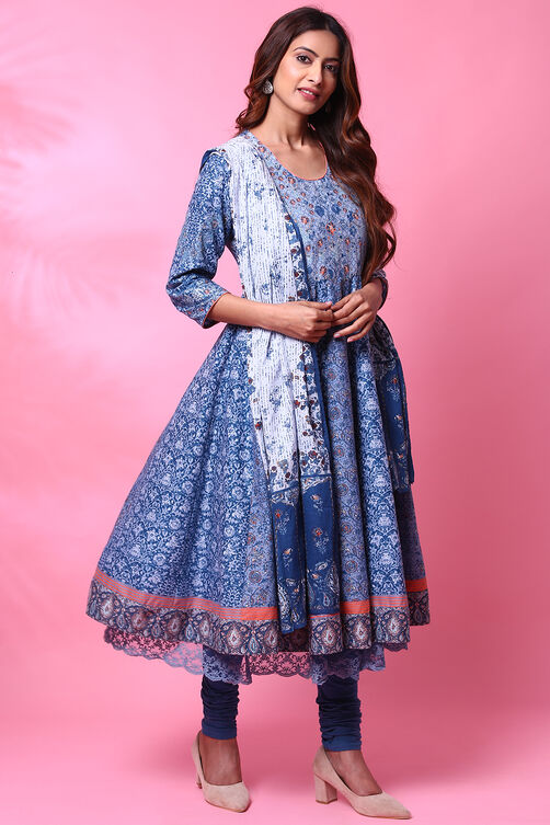 Grey Cotton Anarkali Kurta Churidar Suit Set image number 5