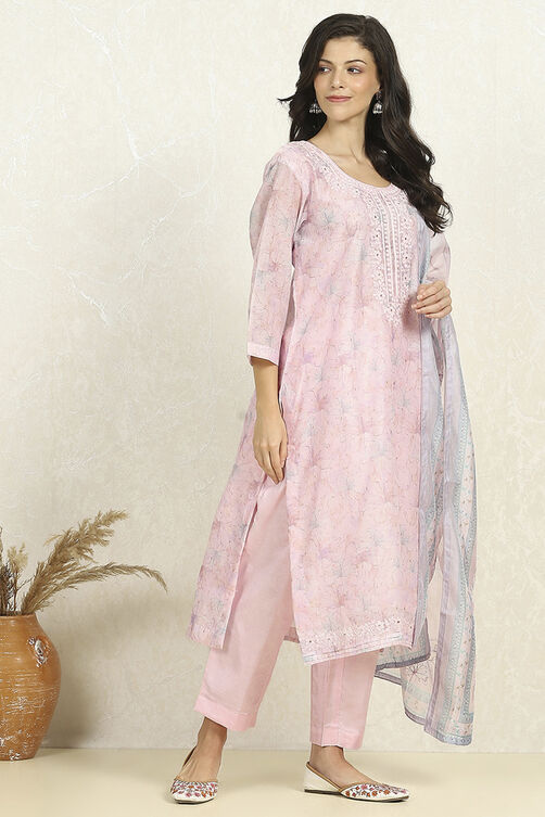 Light Pink Chanderi Unstitched Suit Set image number 6