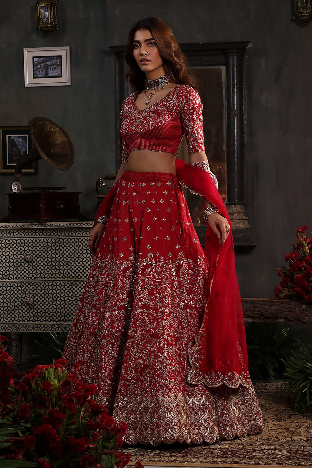 Berry Red Zari Embroidered Lehenga Set image number 3