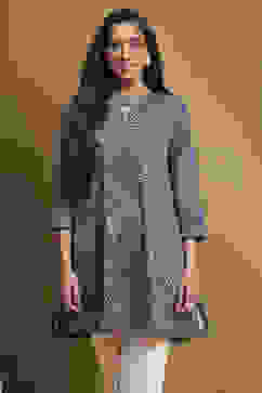 Ink Blue Knitted Block-Print Winter wear Short Kurta image number 0