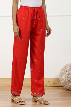 Red Printed Regular Fit Straight Pants image number 3