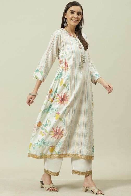 Off White Metallic Cotton A-Line Kurta Palazzo Suit Set image number 5