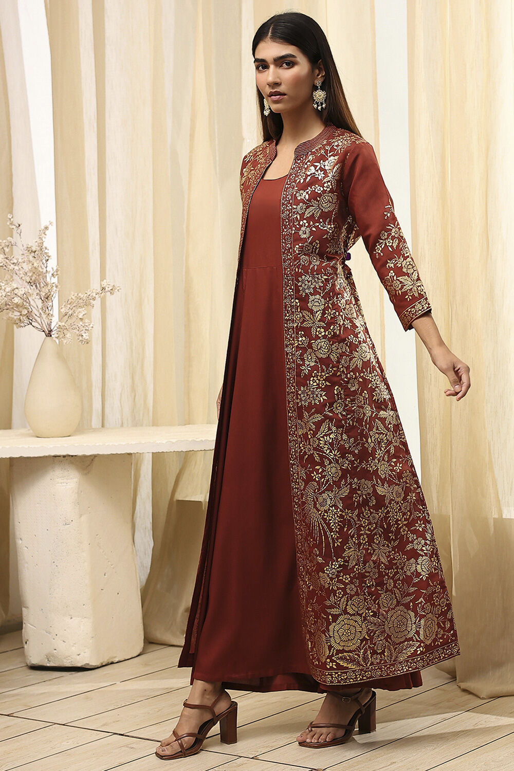 Earthy Brown Printed Layered Cape Dress image number 3