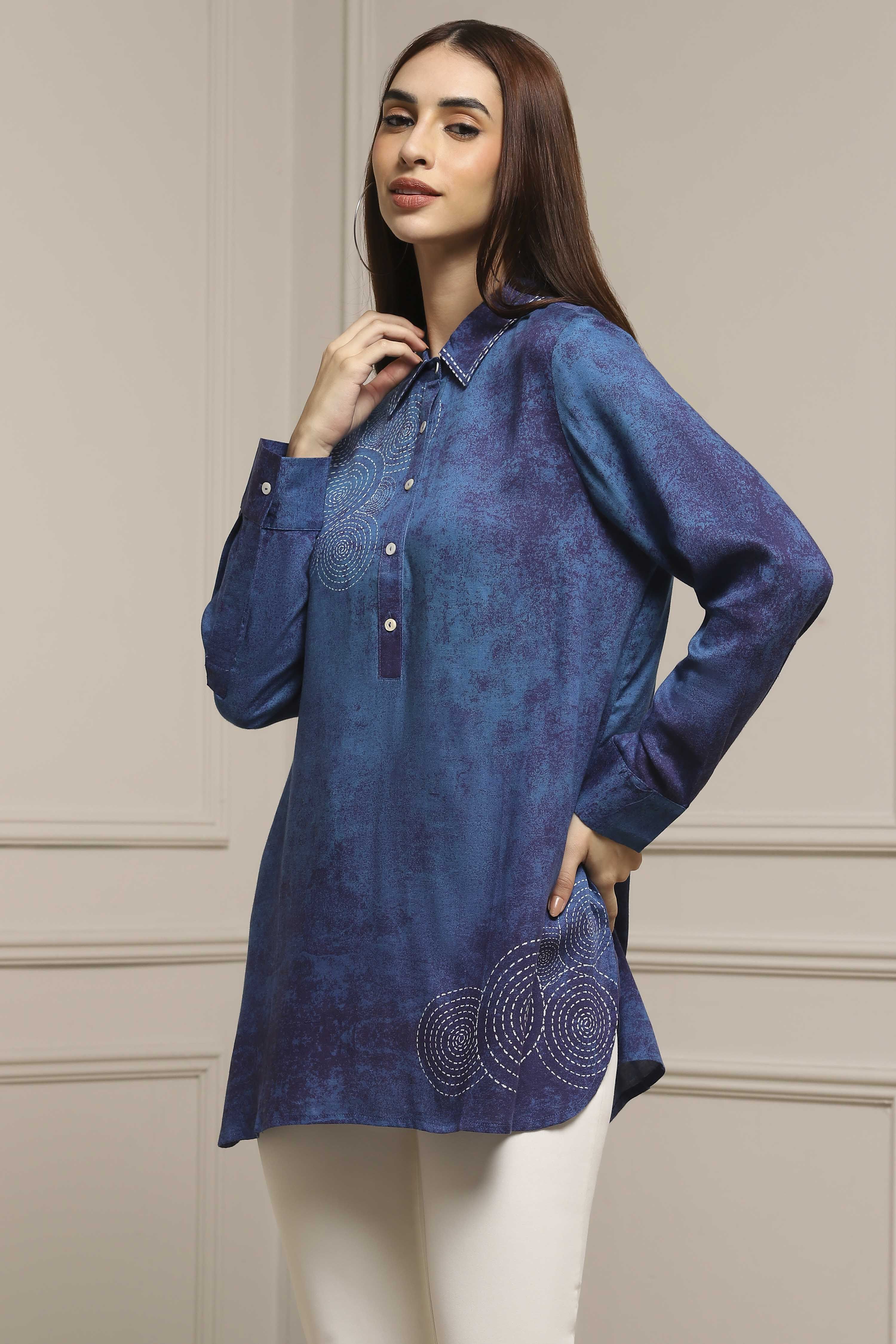 Blue Viscose Rayon A-Line Printed Top image number 2
