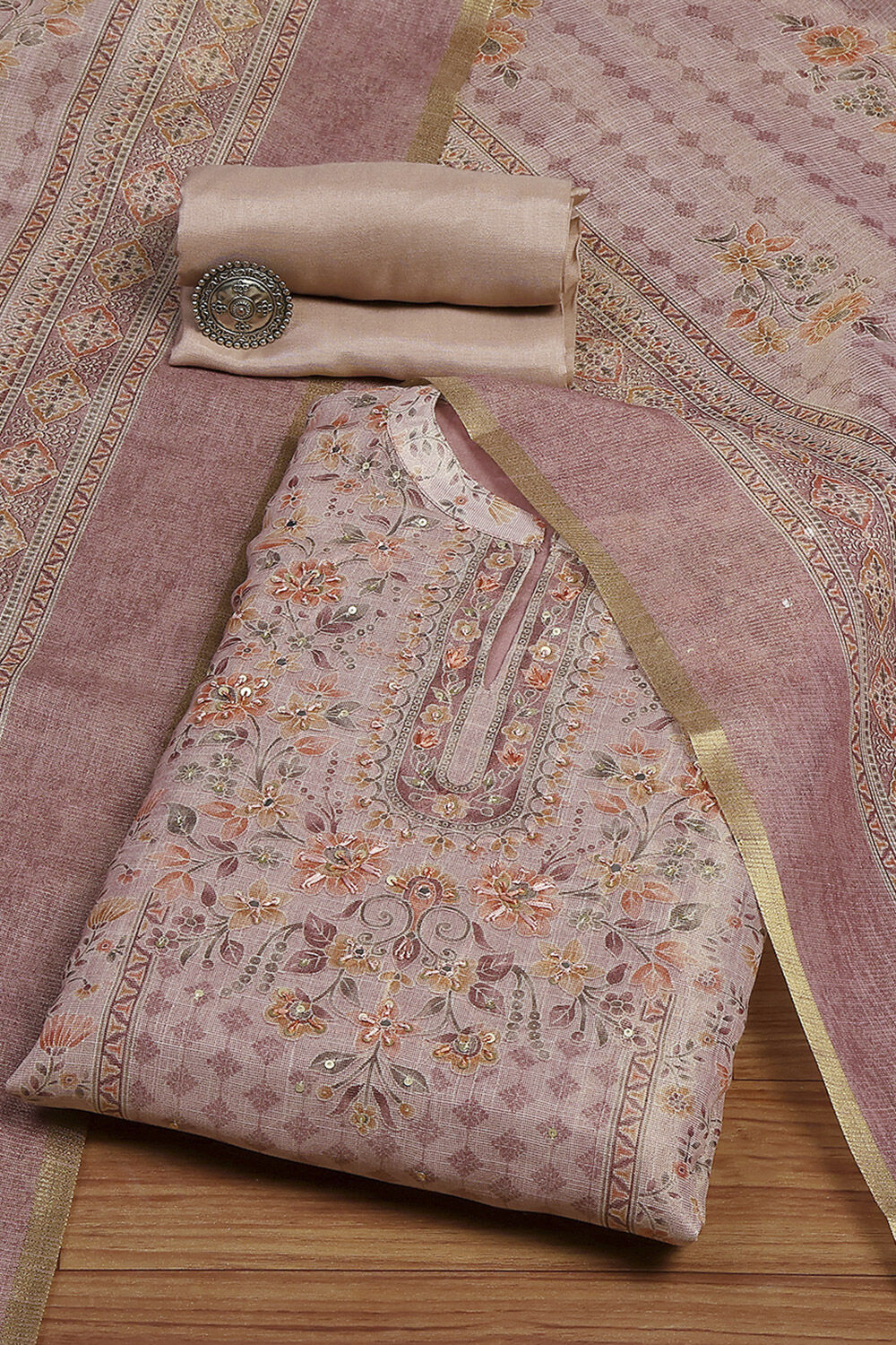 Lavender Chanderi Printed Unstitched Suit Set image number 0