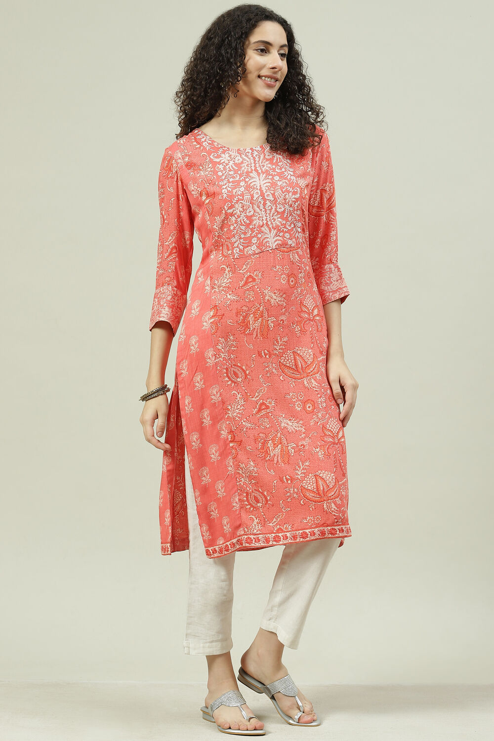 Coral Rayon Straight Printed Kurta image number 3