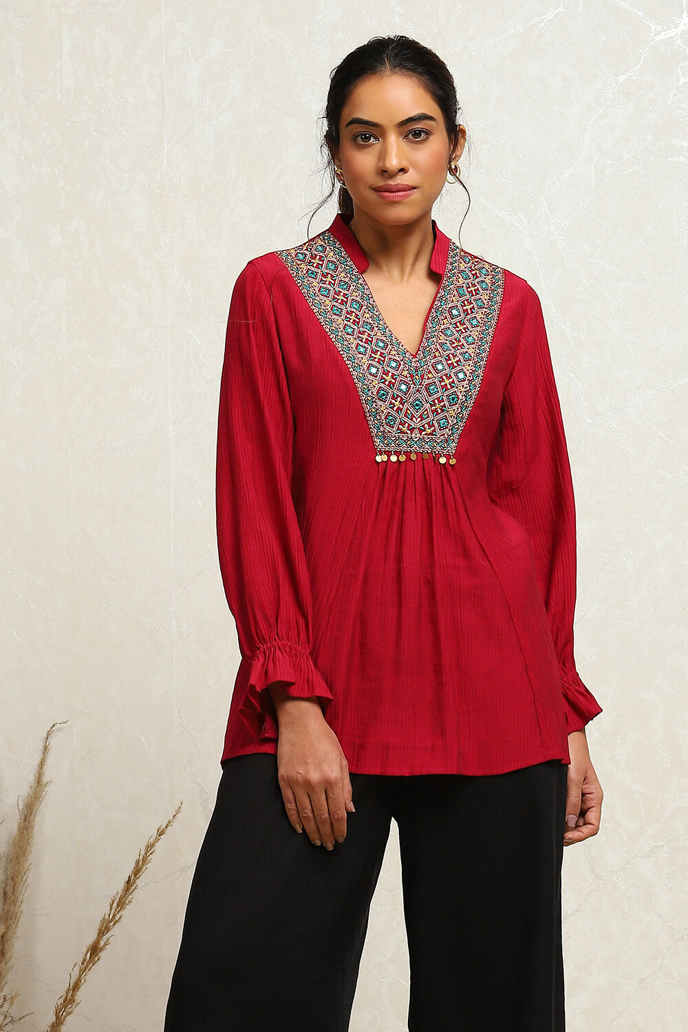 Berry Red Embroidered A-Line Kurti image number 6