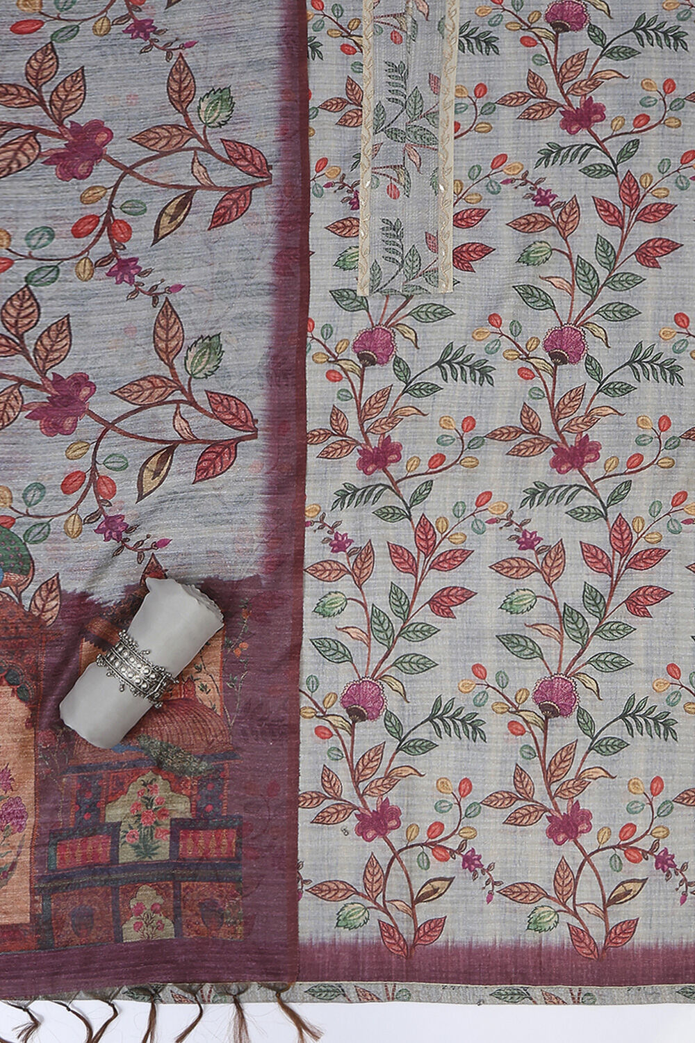 Gray Silk Blend Printed Unstitched Suit Set image number 1