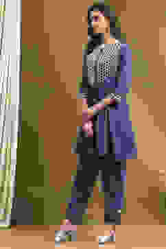 Indigo Cotton Printed Gathered Kurta Set image number 3