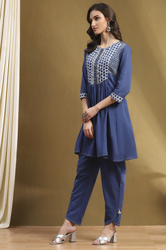 Indigo Cotton Printed Gathered Kurta Set image number 3