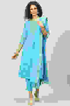 Turquoise Cotton Straight Kurta Slim Pants Suit Set image number 0