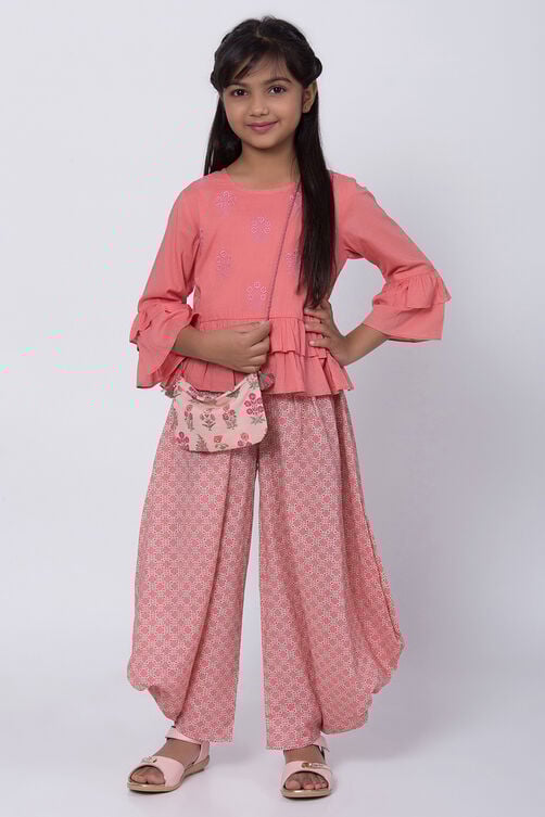 Peach Cotton Flared Kurta Dhoti Pant Suit Set image number 0